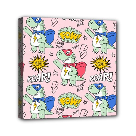 Seamless Pattern With Many Funny Cute Superhero Dinosaurs T Rex Mask Cloak With Comics Style Mini Canvas 6  X 6  (stretched) by BangZart