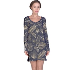 Elegant Pattern With Golden Tropical Leaves Long Sleeve Nightdress by BangZart