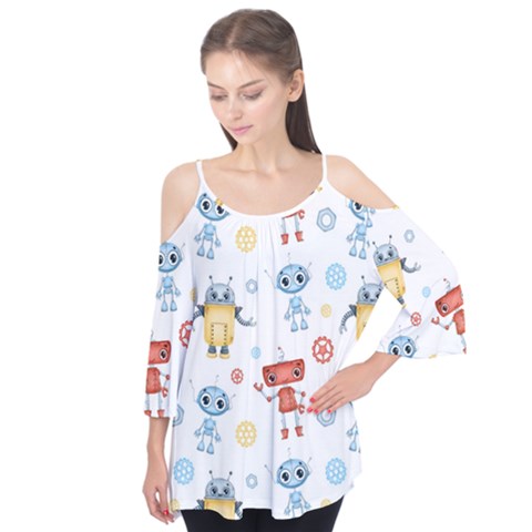 Cute Cartoon Robots Seamless Pattern Flutter Tees by BangZart