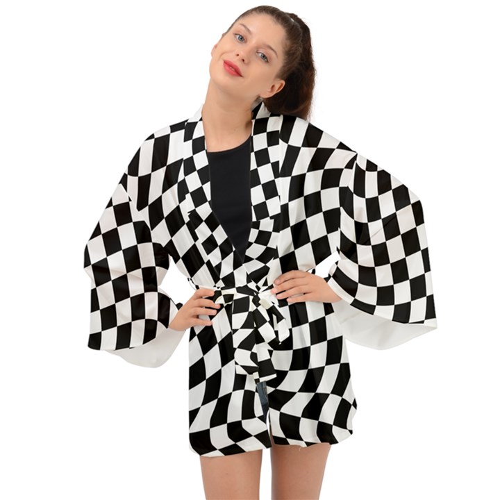 Weaving racing flag, black and white chess pattern Long Sleeve Kimono