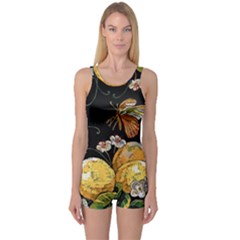 Embroidery Blossoming Lemons Butterfly Seamless Pattern One Piece Boyleg Swimsuit by BangZart