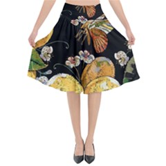 Embroidery Blossoming Lemons Butterfly Seamless Pattern Flared Midi Skirt by BangZart