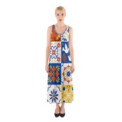 Mexican Talavera Pattern Ceramic Tiles With Flower Leaves Bird Ornaments Traditional Majolica Style Sleeveless Maxi Dress by BangZart