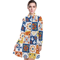 Mexican Talavera Pattern Ceramic Tiles With Flower Leaves Bird Ornaments Traditional Majolica Style Long Sleeve Chiffon Shirt Dress by BangZart