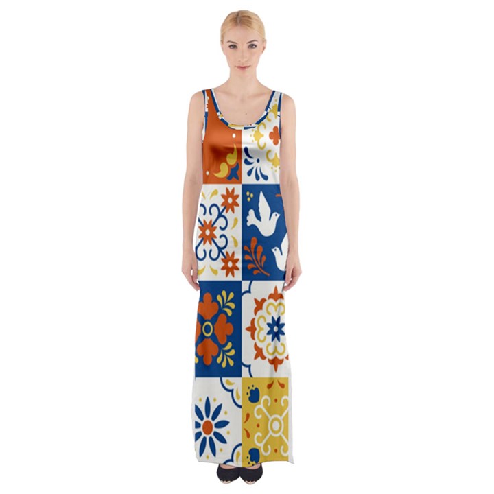 Mexican talavera pattern ceramic tiles with flower leaves bird ornaments traditional majolica style Thigh Split Maxi Dress