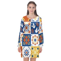 Mexican Talavera Pattern Ceramic Tiles With Flower Leaves Bird Ornaments Traditional Majolica Style Long Sleeve Chiffon Shift Dress  by BangZart