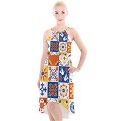 Mexican Talavera Pattern Ceramic Tiles With Flower Leaves Bird Ornaments Traditional Majolica Style High-low Halter Chiffon Dress  by BangZart