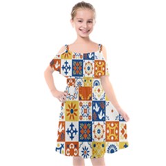 Mexican Talavera Pattern Ceramic Tiles With Flower Leaves Bird Ornaments Traditional Majolica Style Kids  Cut Out Shoulders Chiffon Dress by BangZart