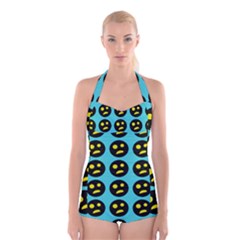 005 - Ugly Smiley With Horror Face - Scary Smiley Boyleg Halter Swimsuit  by DinzDas