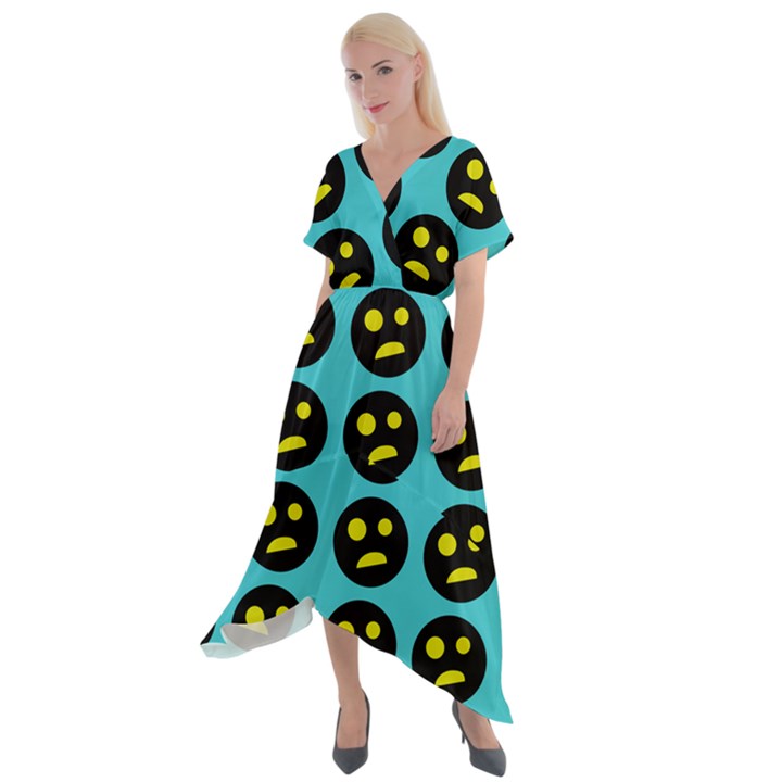 005 - Ugly Smiley With Horror Face - Scary Smiley Cross Front Sharkbite Hem Maxi Dress