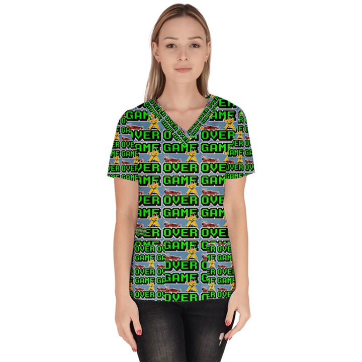 Game Over Karate And Gaming - Pixel Martial Arts Women s V-Neck Scrub Top