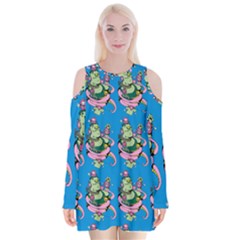 Monster And Cute Monsters Fight With Snake And Cyclops Velvet Long Sleeve Shoulder Cutout Dress by DinzDas