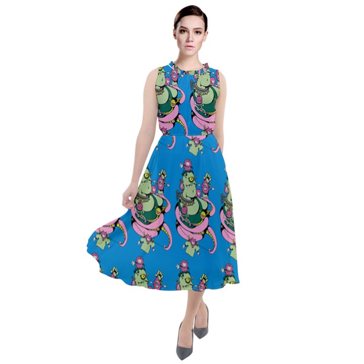 Monster And Cute Monsters Fight With Snake And Cyclops Round Neck Boho Dress