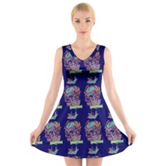 Jaw Dropping Horror Hippie Skull V-neck Sleeveless Dress by DinzDas