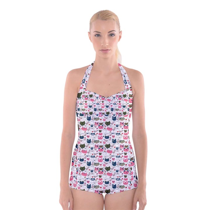 Adorable seamless cat head pattern01 Boyleg Halter Swimsuit 