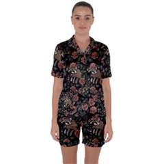 Raccoon Floral Satin Short Sleeve Pyjamas Set by BubbSnugg