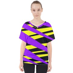 Abstract Triangles, Three Color Dotted Pattern, Purple, Yellow, Black In Saturated Colors V-neck Dolman Drape Top by Casemiro