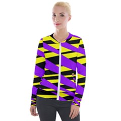 Abstract Triangles, Three Color Dotted Pattern, Purple, Yellow, Black In Saturated Colors Velour Zip Up Jacket by Casemiro