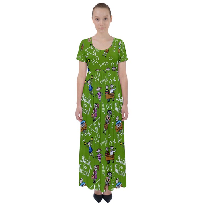 Seamless Pattern With Kids High Waist Short Sleeve Maxi Dress