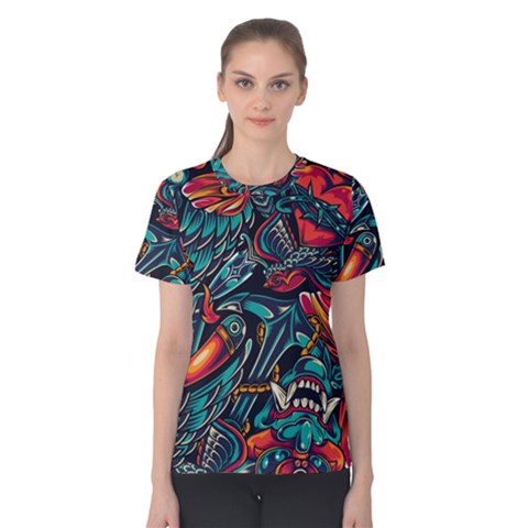 Vintage Tattoos Colorful Seamless Pattern Women s Cotton Tee by Amaryn4rt