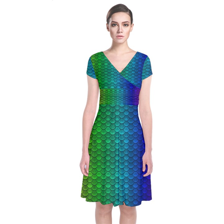 Rainbow colored scales pattern, full color palette, fish like Short Sleeve Front Wrap Dress