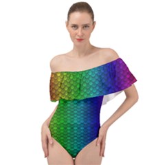 Rainbow Colored Scales Pattern, Full Color Palette, Fish Like Off Shoulder Velour Bodysuit  by Casemiro