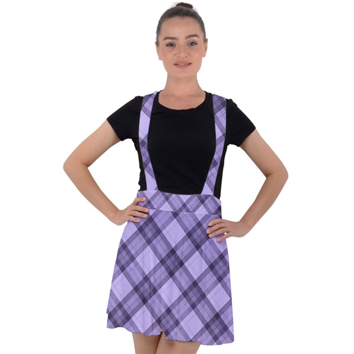 Pastel purple and steel black lines pattern, retro tartan, classic plaid Velvet Suspender Skater Skirt