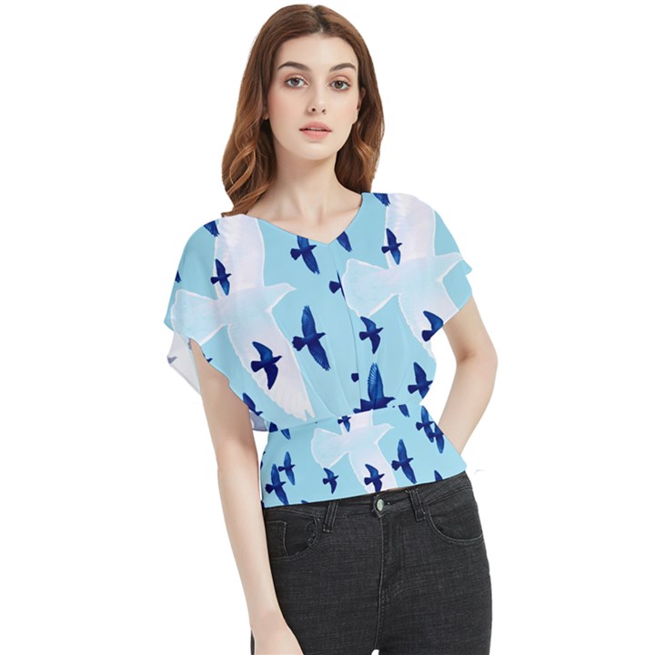 Illustrations Birds Flying Butterfly Chiffon Blouse