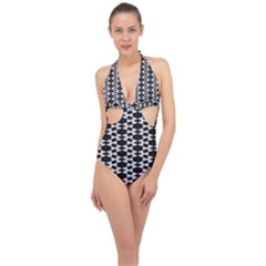 Black And White Triangles Halter Front Plunge Swimsuit by Sparkle