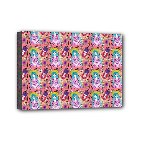 Blue Haired Girl Pattern Pink Mini Canvas 7  X 5  (stretched) by snowwhitegirl