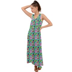 Blue Haired Girl Pattern Green V-neck Chiffon Maxi Dress by snowwhitegirl