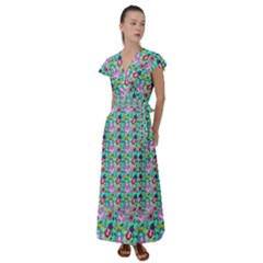 Blue Haired Girl Pattern Green Flutter Sleeve Maxi Dress by snowwhitegirl