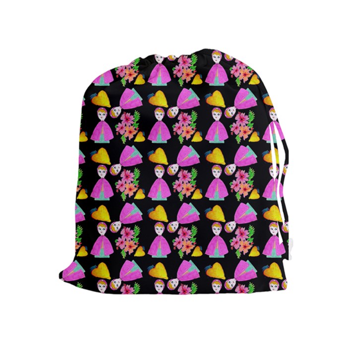 Girl With Hood Cape Heart Lemon Pattern Black Drawstring Pouch (XL)