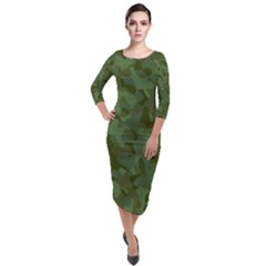 Green Army Camouflage Pattern Quarter Sleeve Midi Velour Bodycon Dress by SpinnyChairDesigns