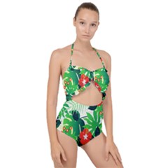 Tropical Leaf Flower Digital Scallop Top Cut Out Swimsuit by Mariart