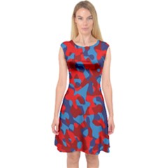 Red And Blue Camouflage Pattern Capsleeve Midi Dress by SpinnyChairDesigns