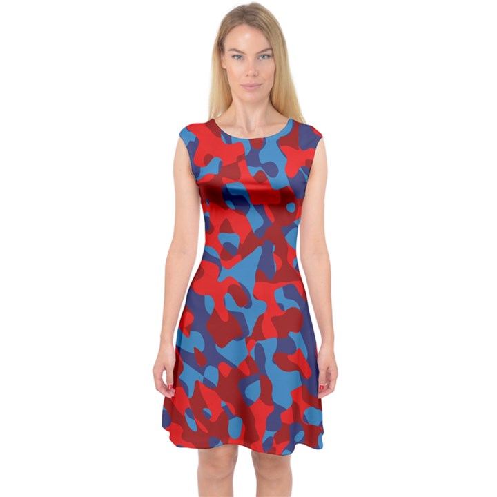 Red and Blue Camouflage Pattern Capsleeve Midi Dress