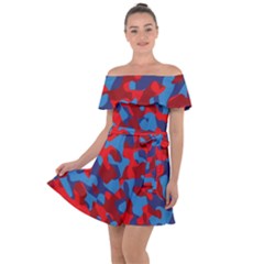 Red And Blue Camouflage Pattern Off Shoulder Velour Dress by SpinnyChairDesigns