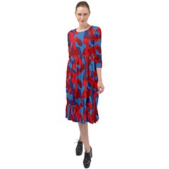 Red And Blue Camouflage Pattern Ruffle End Midi Chiffon Dress by SpinnyChairDesigns