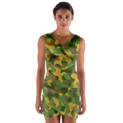 Yellow Green Brown Camouflage Wrap Front Bodycon Dress by SpinnyChairDesigns