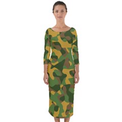 Yellow Green Brown Camouflage Quarter Sleeve Midi Bodycon Dress by SpinnyChairDesigns