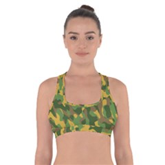 Yellow Green Brown Camouflage Cross Back Sports Bra by SpinnyChairDesigns