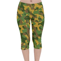 Yellow Green Brown Camouflage Velvet Capri Leggings  by SpinnyChairDesigns