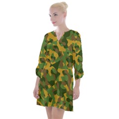 Yellow Green Brown Camouflage Open Neck Shift Dress by SpinnyChairDesigns