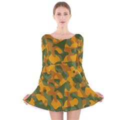 Green And Orange Camouflage Pattern Long Sleeve Velvet Skater Dress by SpinnyChairDesigns