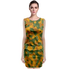 Green And Orange Camouflage Pattern Sleeveless Velvet Midi Dress by SpinnyChairDesigns