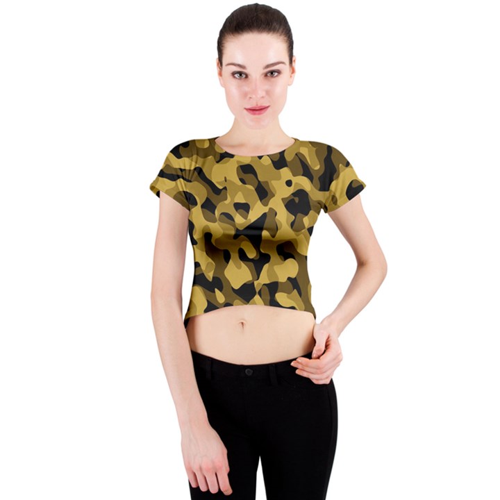 Black Yellow Brown Camouflage Pattern Crew Neck Crop Top