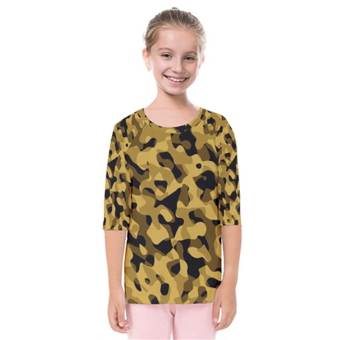 Black Yellow Brown Camouflage Pattern Kids  Quarter Sleeve Raglan Tee by SpinnyChairDesigns