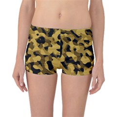 Black Yellow Brown Camouflage Pattern Boyleg Bikini Bottoms by SpinnyChairDesigns