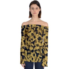 Black Yellow Brown Camouflage Pattern Off Shoulder Long Sleeve Top by SpinnyChairDesigns